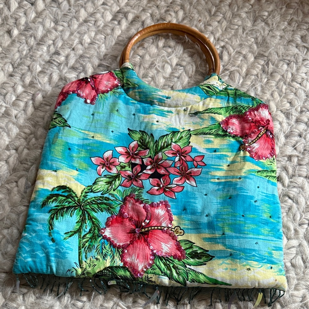 Vintage Floral Tropical Print Bag with Bamboo Handles